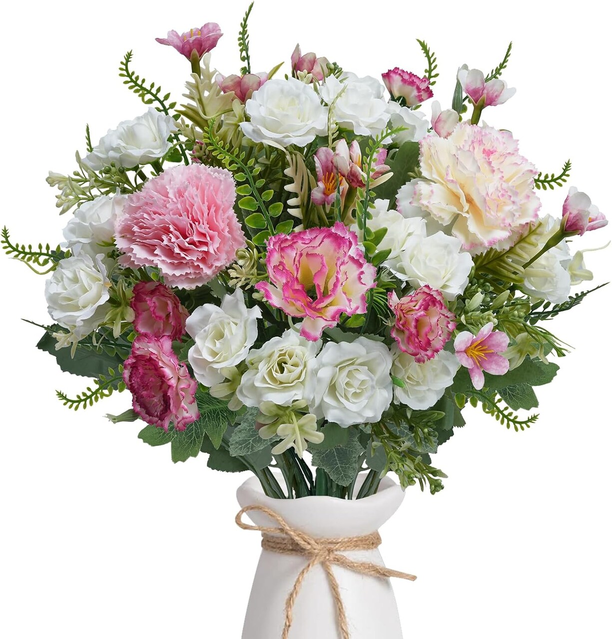 Vase White Roses Artificial Flowers Pink Carnation Flowers Blend Bouquets Silk Fake Flowers for Centerpiece Table Wedding Cemetery Party Home Decor